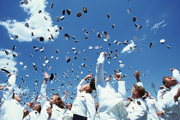 Grads throwing their caps in the air in excitement